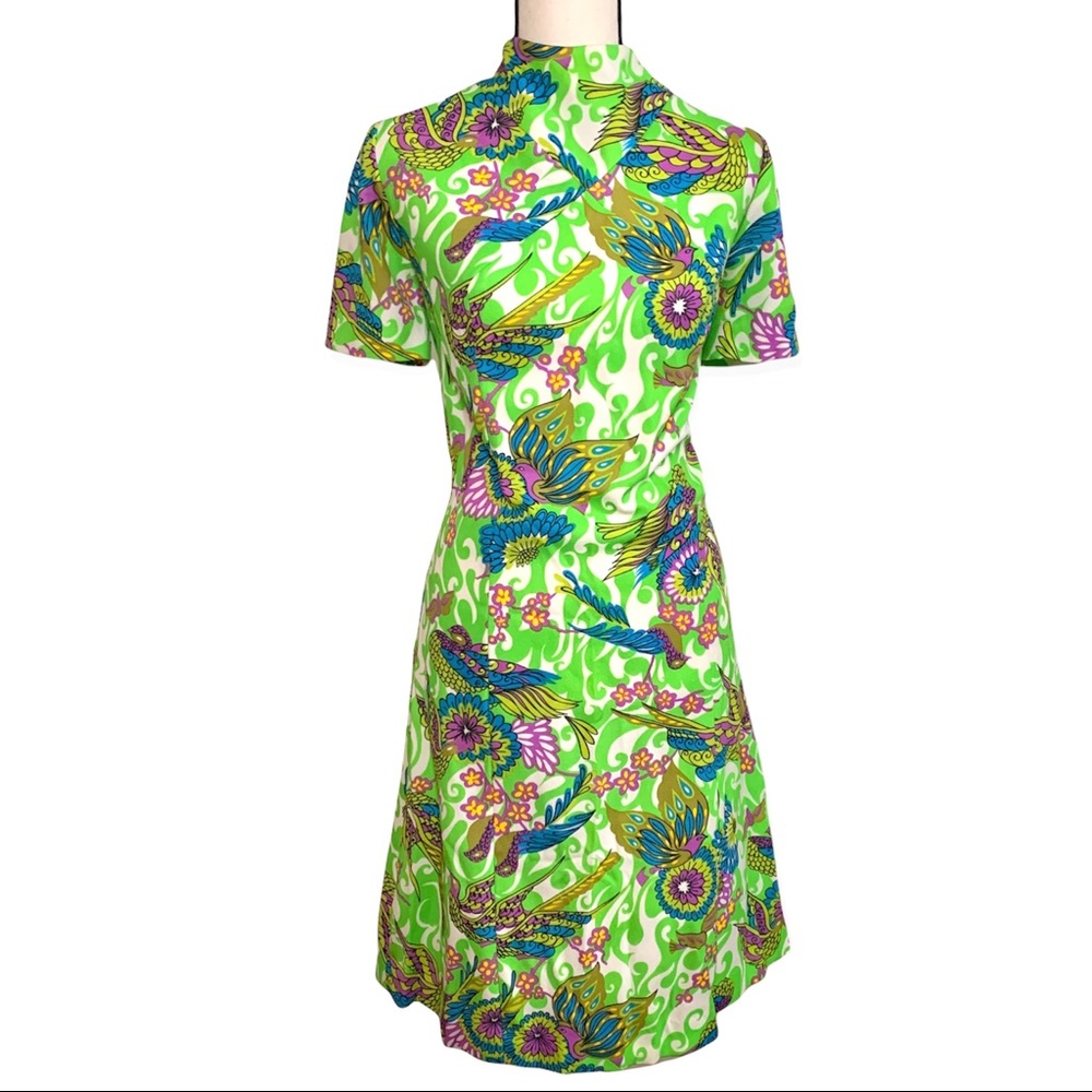 60s / 70s Vintage Retro Mod Mini Dress Green / Purple / Blue Floral + Bird Print